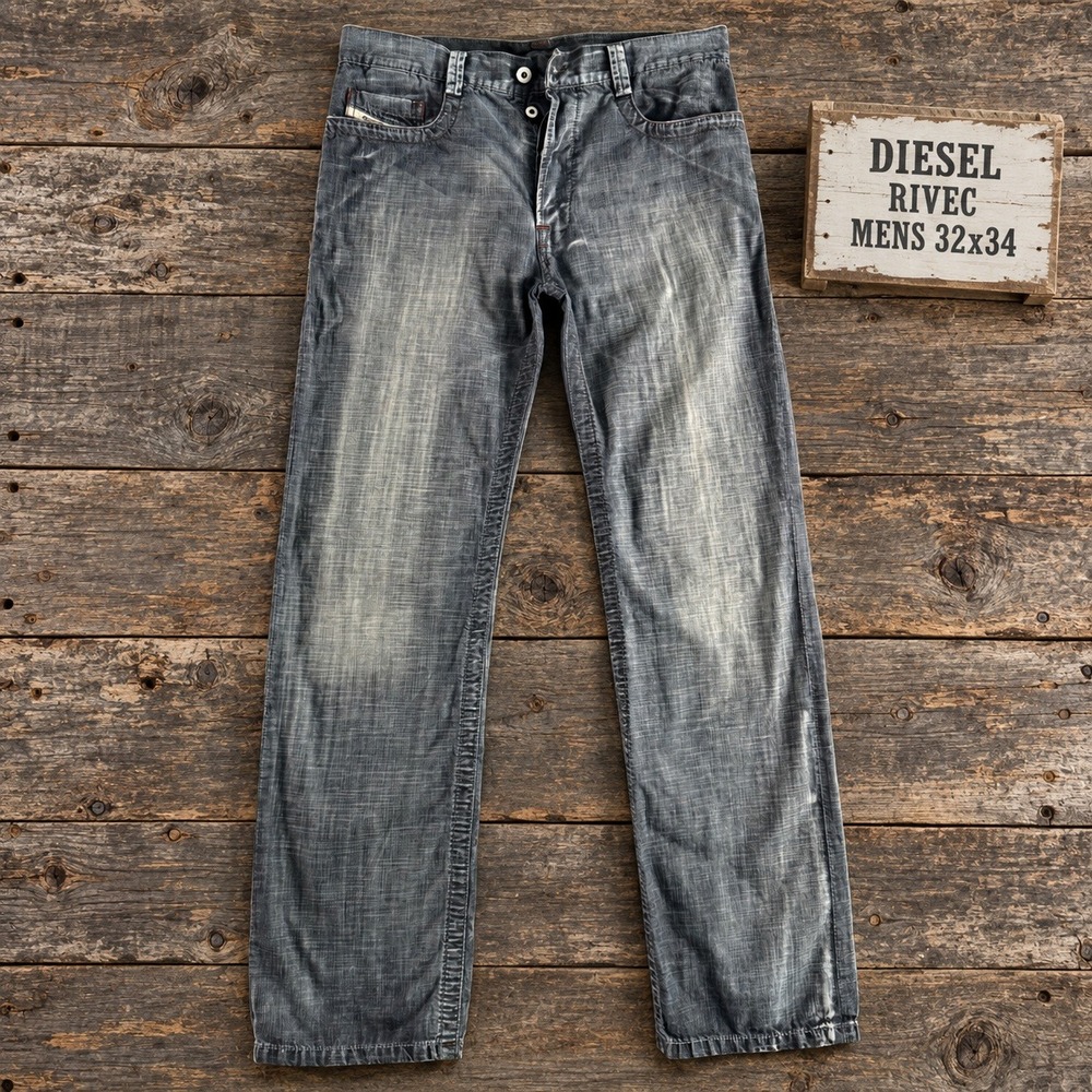 Diesel Rivec Mens Jeans 32x34 Blue Lightweight Straight Leg Faded Button Fly
